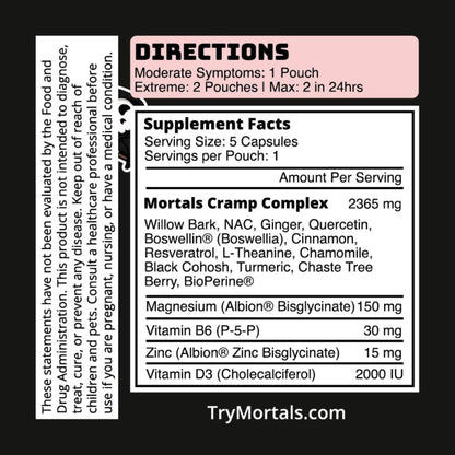 Mortals Cramp Crusher, Supports Bloating Relief for Women, Chasteberry, Magnesium Bisglycinate, Vitamin B6, Black Cohosh, Women's Hormone Balance Supplement, PMS Relief, (50 Capsules) - Maple Wellness Supplements