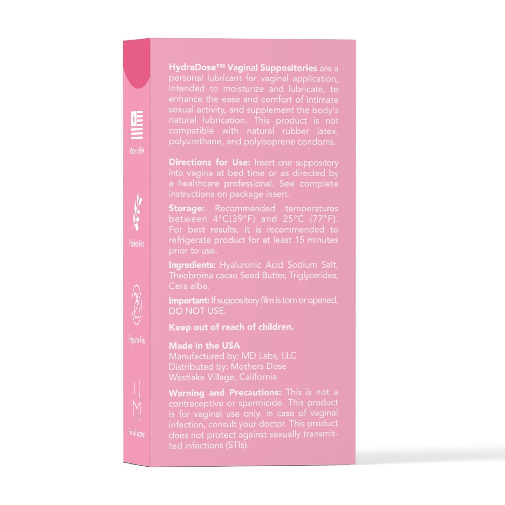 Mother's Dose Hyaluronic Acid Suppository HydraDose- Hormone Free Moisturizer for Vaginal Dryness-USA Made in an FDA Registered Facility, 1 Month Supply- 10 Inserts - Maple Wellness Supplements