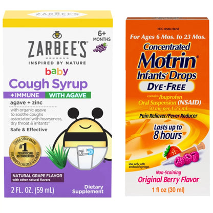 Motrin and Zarbee’s Essentials for Infants Infants' Concentrated Liquid Medicine Drops with Ibuprofen and Zarbee's Baby Coughⱡ Syrup + Immune with Organic Agave + Zinc - Maple Wellness Supplements