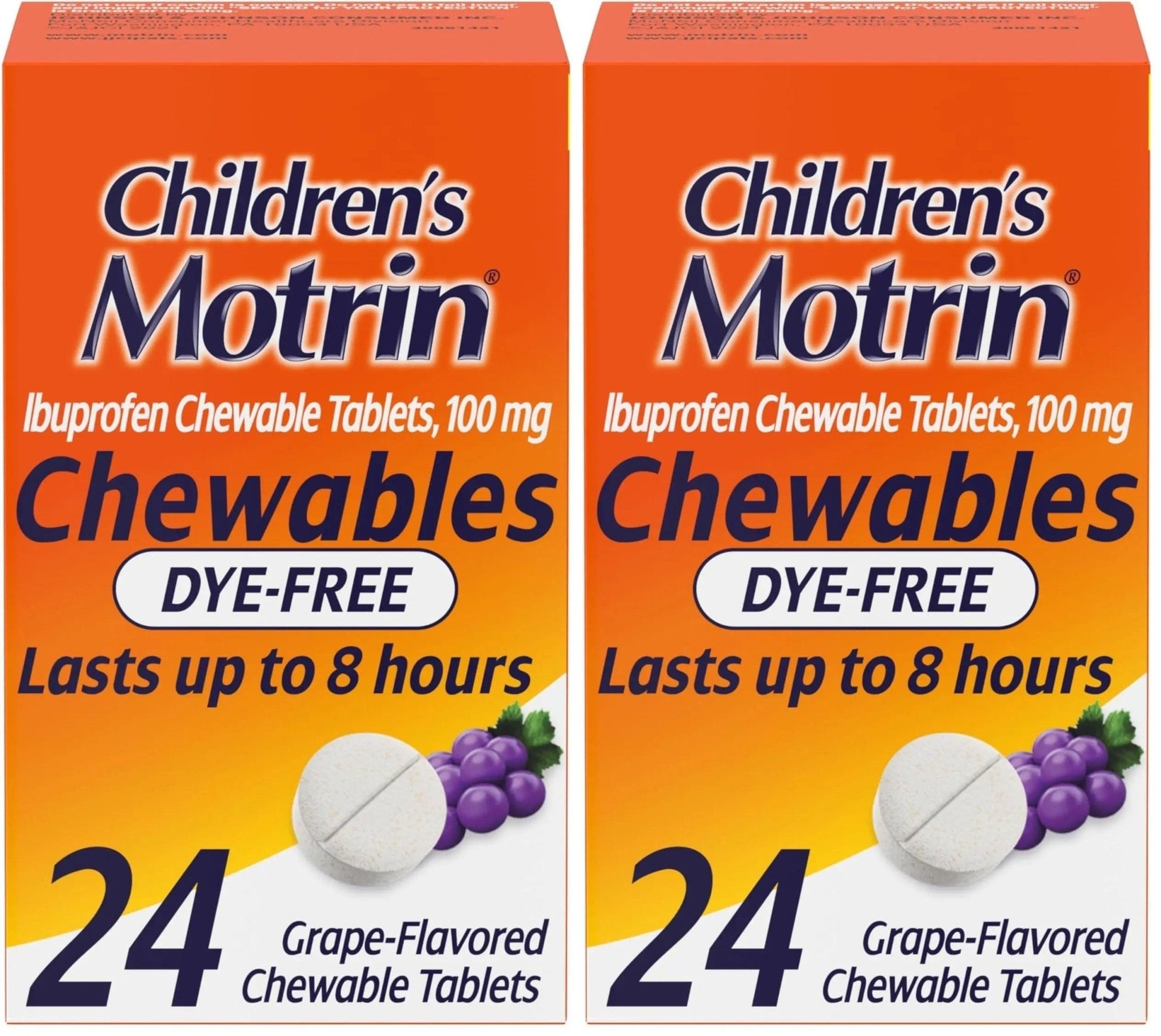 Motrin Children's Dye-Free Chewable Tablets with Ibuprofen, Kids' Fever Reducer & Pain Reliever for Sore Throat, Fever, Toothache & Pain Relief, Grape Flavor, 24 Count (Pack of 2) - Maple Wellness Supplements