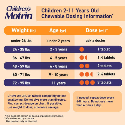 Motrin Children's Dye-Free Chewable Tablets with Ibuprofen, Kids' Fever Reducer & Pain Reliever for Sore Throat, Fever, Toothache & Pain Relief, Grape Flavor, 24 Count (Pack of 2) - Maple Wellness Supplements