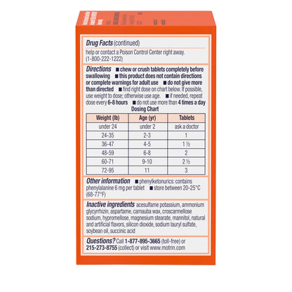 Motrin Children's Dye-Free Chewable Tablets with Ibuprofen, Kids' Fever Reducer & Pain Reliever for Sore Throat, Fever, Toothache & Pain Relief, Grape Flavor, 24 Ct - Maple Wellness Supplements