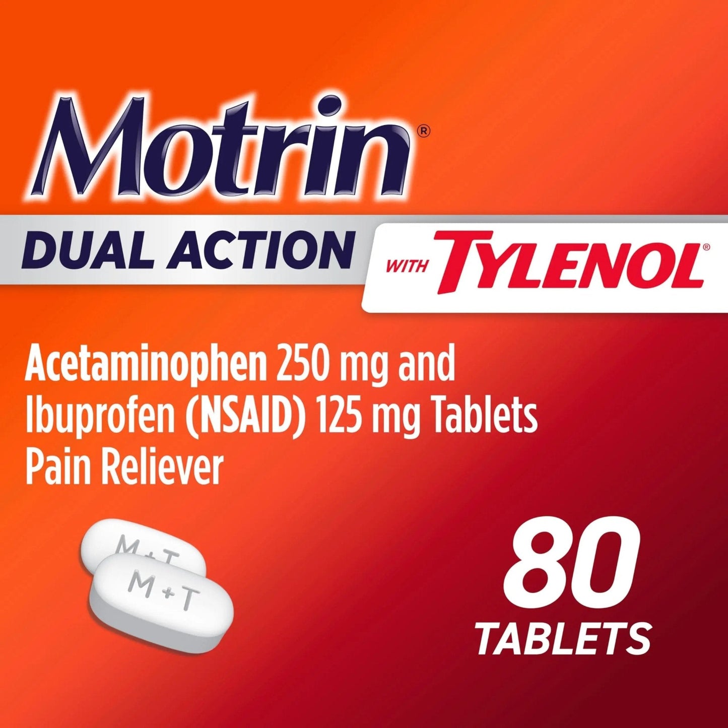 Motrin Dual Action with Tylenol, Fast-Acting Dual Action Pain Reliever with Ibuprofen & Acetaminophen for Minor Aches & Pains, Ibuprofen (NSAID) 125 mg & Acetaminophen 250 mg, 80 ct - Maple Wellness Supplements