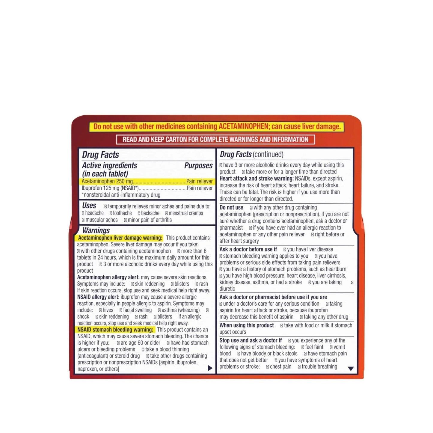 Motrin Dual Action with Tylenol, Fast-Acting Dual Action Pain Reliever with Ibuprofen & Acetaminophen for Minor Aches & Pains, Ibuprofen (NSAID) 125 mg & Acetaminophen 250 mg, 80 ct - Maple Wellness Supplements