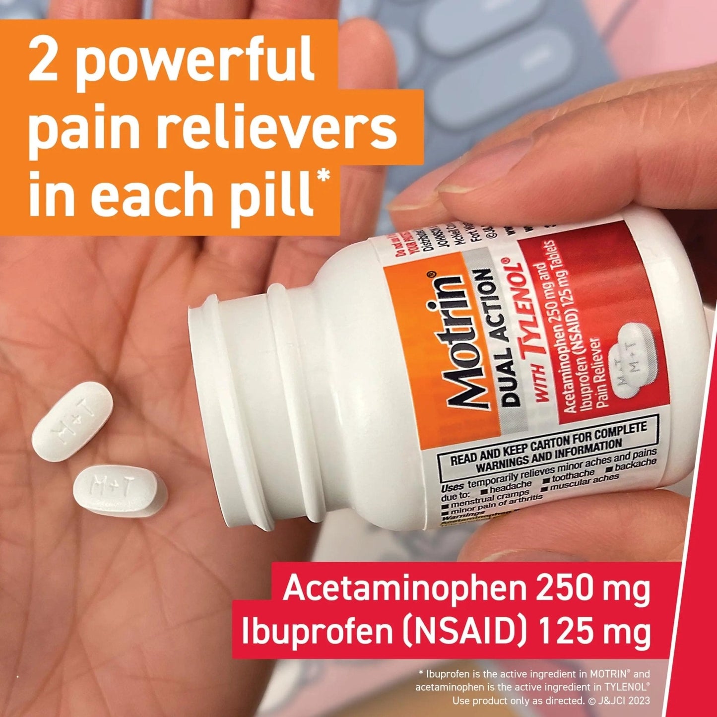 Motrin Dual Action with Tylenol, Fast-Acting Dual Action Pain Reliever with Ibuprofen & Acetaminophen for Minor Aches & Pains, Ibuprofen (NSAID) 125 mg & Acetaminophen 250 mg, 80 ct - Maple Wellness Supplements