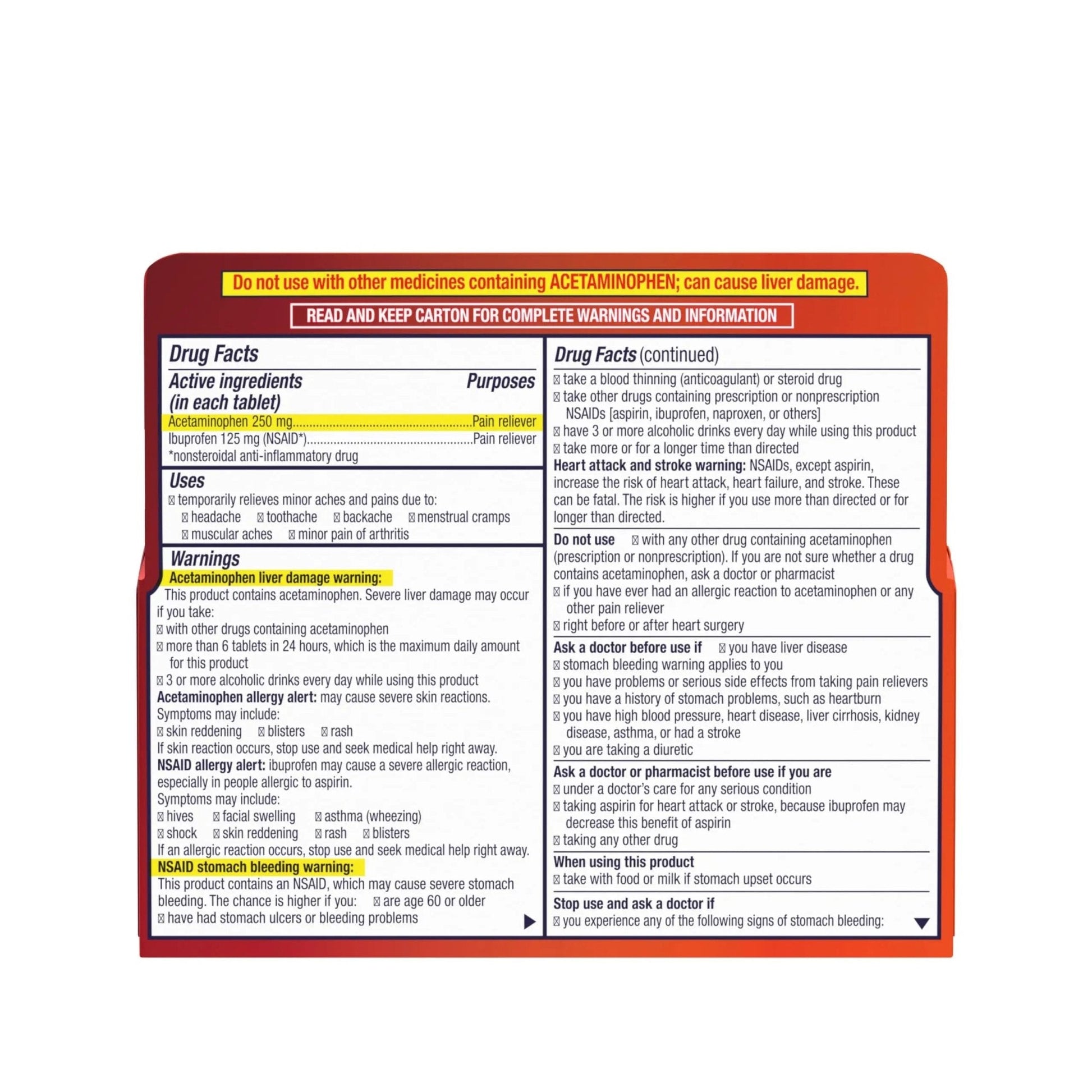 Motrin Dual Action with Tylenol, Ibuprofen & Acetaminophen Fast-Acting Dual Action Pain Reliever for Minor Aches & Pains, Ibuprofen (NSAID) 125 mg & Acetaminophen 250 mg, 120 ct - Maple Wellness Supplements