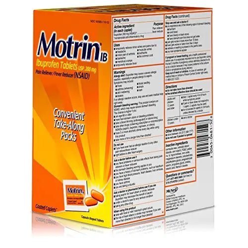 Motrin IB, Ibuprofen 200mg Tablets, NSAID Pain & Fever Reliever for Headache, Backache, Muscular Aches, Arthritis Pain Reliever, 50 Travel Packets of 2, 100 ct - Maple Wellness Supplements