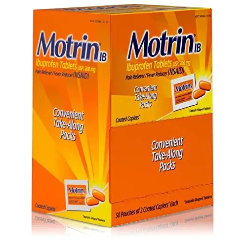 Motrin IB, Ibuprofen 200mg Tablets, NSAID Pain & Fever Reliever for Headache, Backache, Muscular Aches, Arthritis Pain Reliever, 50 Travel Packets of 2, 100 ct - Maple Wellness Supplements