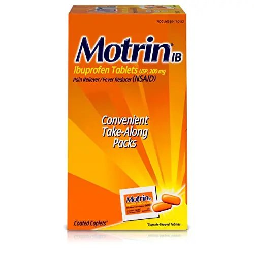 Motrin IB, Ibuprofen 200mg Tablets, NSAID Pain & Fever Reliever for Headache, Backache, Muscular Aches, Arthritis Pain Reliever, 50 Travel Packets of 2, 100 ct - Maple Wellness Supplements