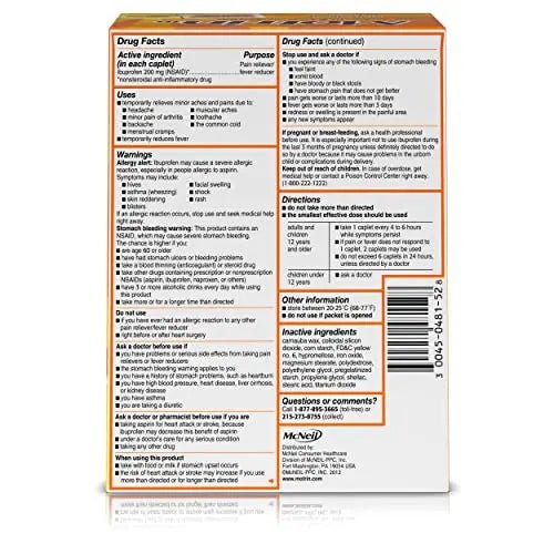 Motrin IB, Ibuprofen 200mg Tablets, NSAID Pain & Fever Reliever for Headache, Backache, Muscular Aches, Arthritis Pain Reliever, 50 Travel Packets of 2, 100 ct - Maple Wellness Supplements