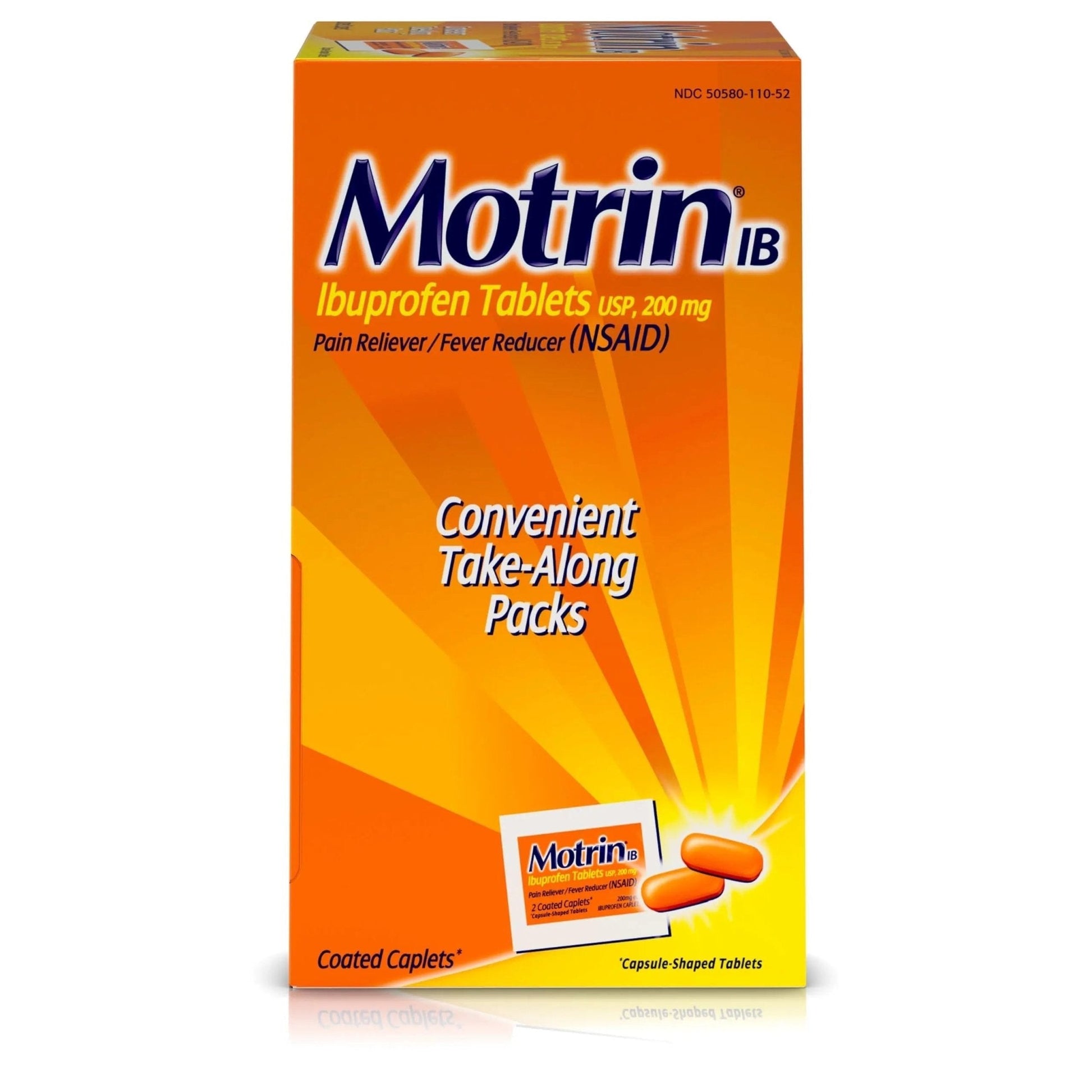 Motrin IB, Ibuprofen 200mg Tablets, NSAID Pain & Fever Reliever for Headache, Backache, Muscular Aches, Arthritis Pain Reliever, 50 Travel Packets of 2, 100 ct - Maple Wellness Supplements