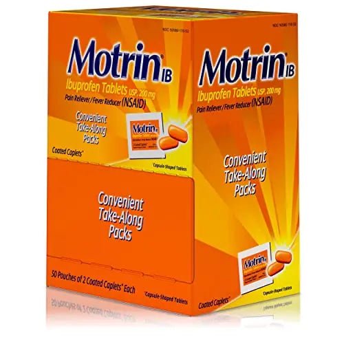 Motrin IB, Ibuprofen 200mg Tablets, NSAID Pain & Fever Reliever for Headache, Backache, Muscular Aches, Arthritis Pain Reliever, 50 Travel Packets of 2, 100 ct - Maple Wellness Supplements