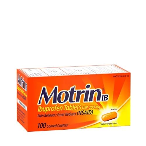 Motrin IB, Ibuprofen 200mg Tablets, Pain Reliever & Fever Reducer for Muscular Aches, Headache, Backache, Menstrual Cramps & Minor Arthritis Pain, NSAID, 100 Ct - Maple Wellness Supplements