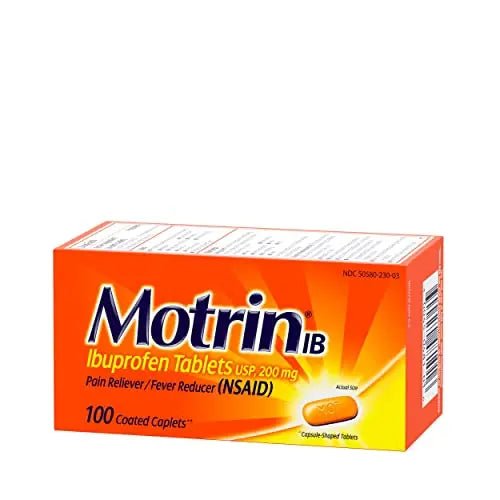 Motrin IB, Ibuprofen 200mg Tablets, Pain Reliever & Fever Reducer for Muscular Aches, Headache, Backache, Menstrual Cramps & Minor Arthritis Pain, NSAID, 100 Ct - Maple Wellness Supplements