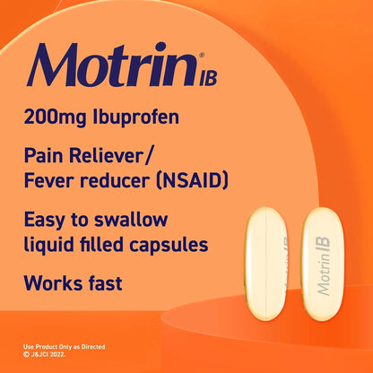 Motrin IB Liquid Gels with 200mg Ibuprofen per Caplet, Pain Reliever & Fever Reducer for Adults, Relief from Minor Arthritis Pain, Muscle Aches, Headache, Menstrual Cramps & Backache, 120 ct - Maple Wellness Supplements