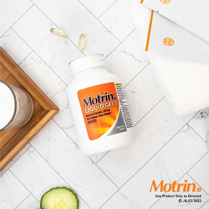 Motrin IB Liquid Gels with 200mg Ibuprofen per Caplet, Pain Reliever & Fever Reducer for Adults, Relief from Minor Arthritis Pain, Muscle Aches, Headache, Menstrual Cramps & Backache, 120 ct - Maple Wellness Supplements