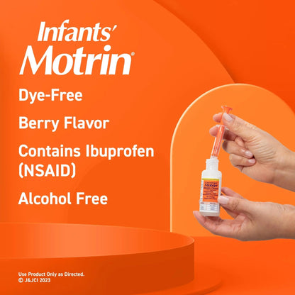 Motrin Infants Infant Ibuprofen Oral Suspension Concentrated Drops, NSAID Fever Reducer & Pain Reliever for Babies, Dye Free, Alcohol-Free, Berry Flavor, Includes Enclosed Syringe, 1 fl. oz - Maple Wellness Supplements