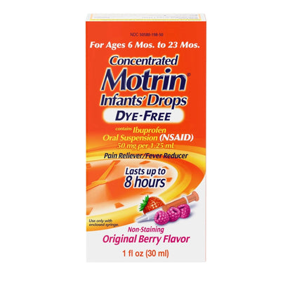 Motrin Infants Infant Ibuprofen Oral Suspension Concentrated Drops, NSAID Fever Reducer & Pain Reliever for Babies, Dye Free, Alcohol-Free, Berry Flavor, Includes Enclosed Syringe, 1 fl. oz - Maple Wellness Supplements