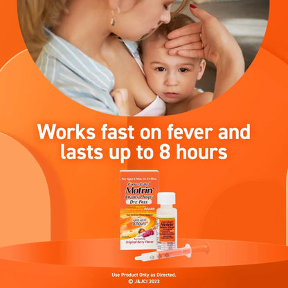 Motrin Infants Infant Ibuprofen Oral Suspension Concentrated Drops, NSAID Fever Reducer & Pain Reliever for Babies, Dye Free, Alcohol-Free, Berry Flavor, Includes Enclosed Syringe, 1 fl. oz - Maple Wellness Supplements