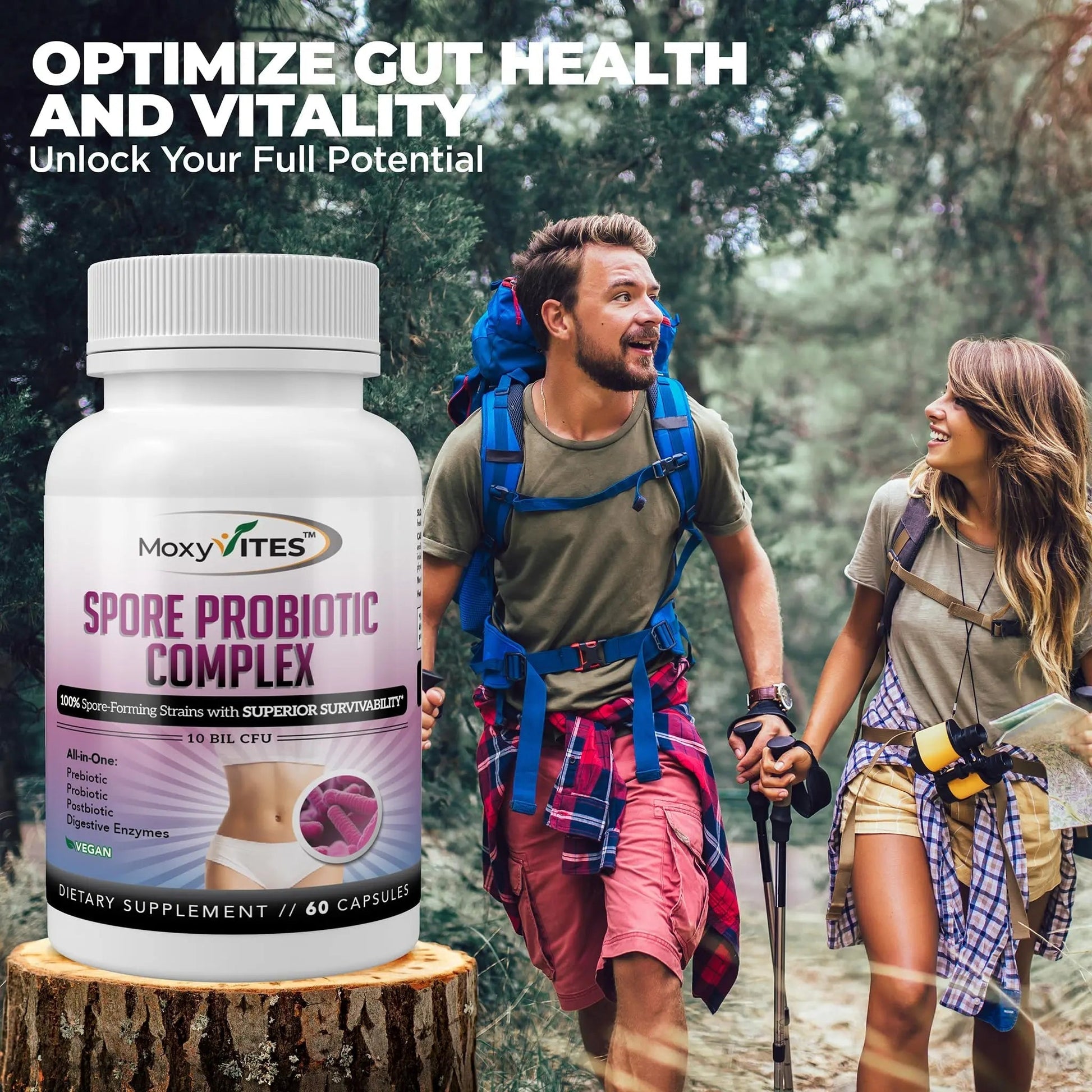 MoxyVites Spore Probiotic Complex - All In One Prebiotics and Probiotics for Digestive Health, Postbiotic, Digestive Enzymes Daily Supplement - Spore Based Probiotic for Women & Men - Maple Wellness Supplements