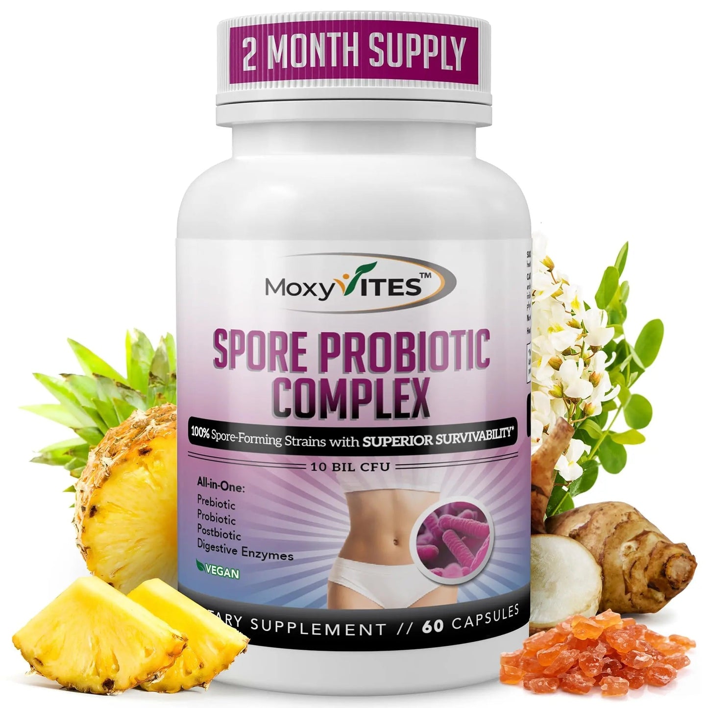 MoxyVites Spore Probiotic Complex - All In One Prebiotics and Probiotics for Digestive Health, Postbiotic, Digestive Enzymes Daily Supplement - Spore Based Probiotic for Women & Men - Maple Wellness Supplements