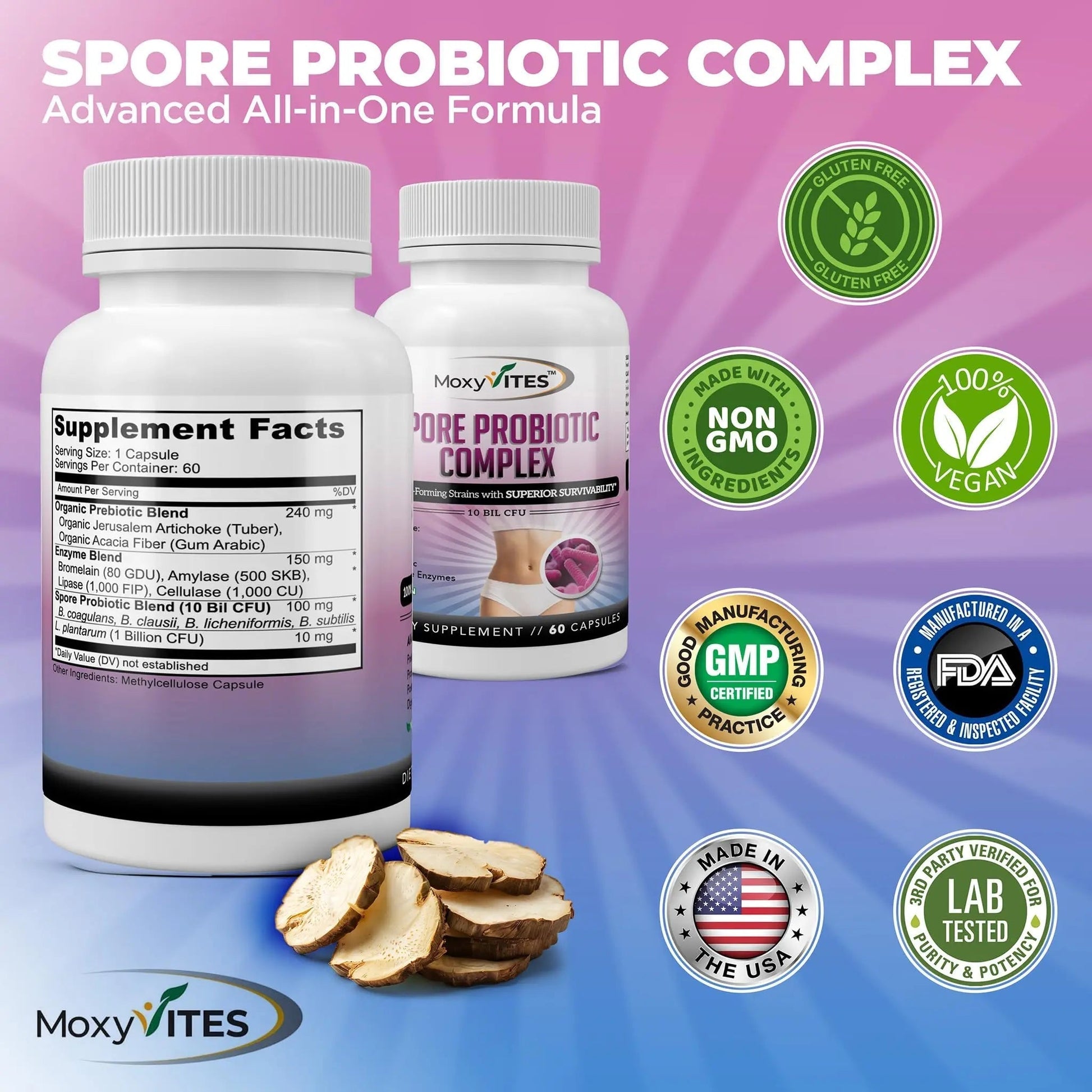 MoxyVites Spore Probiotic Complex - All In One Prebiotics and Probiotics for Digestive Health, Postbiotic, Digestive Enzymes Daily Supplement - Spore Based Probiotic for Women & Men - Maple Wellness Supplements