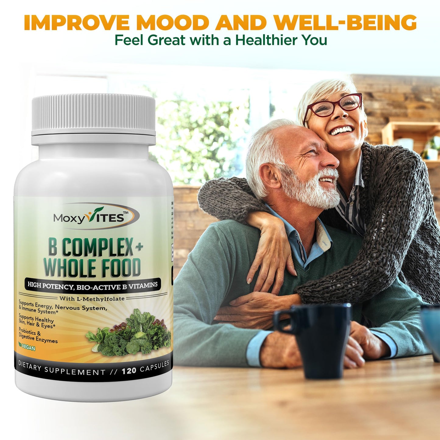 MoxyVites Vitamin B Complex - B Vitamins Whole Food Supplement, B12 Methylcobalamin, B1, B2, B3, B5, B6, B7, B9 - for Stress - Maple Wellness Supplements