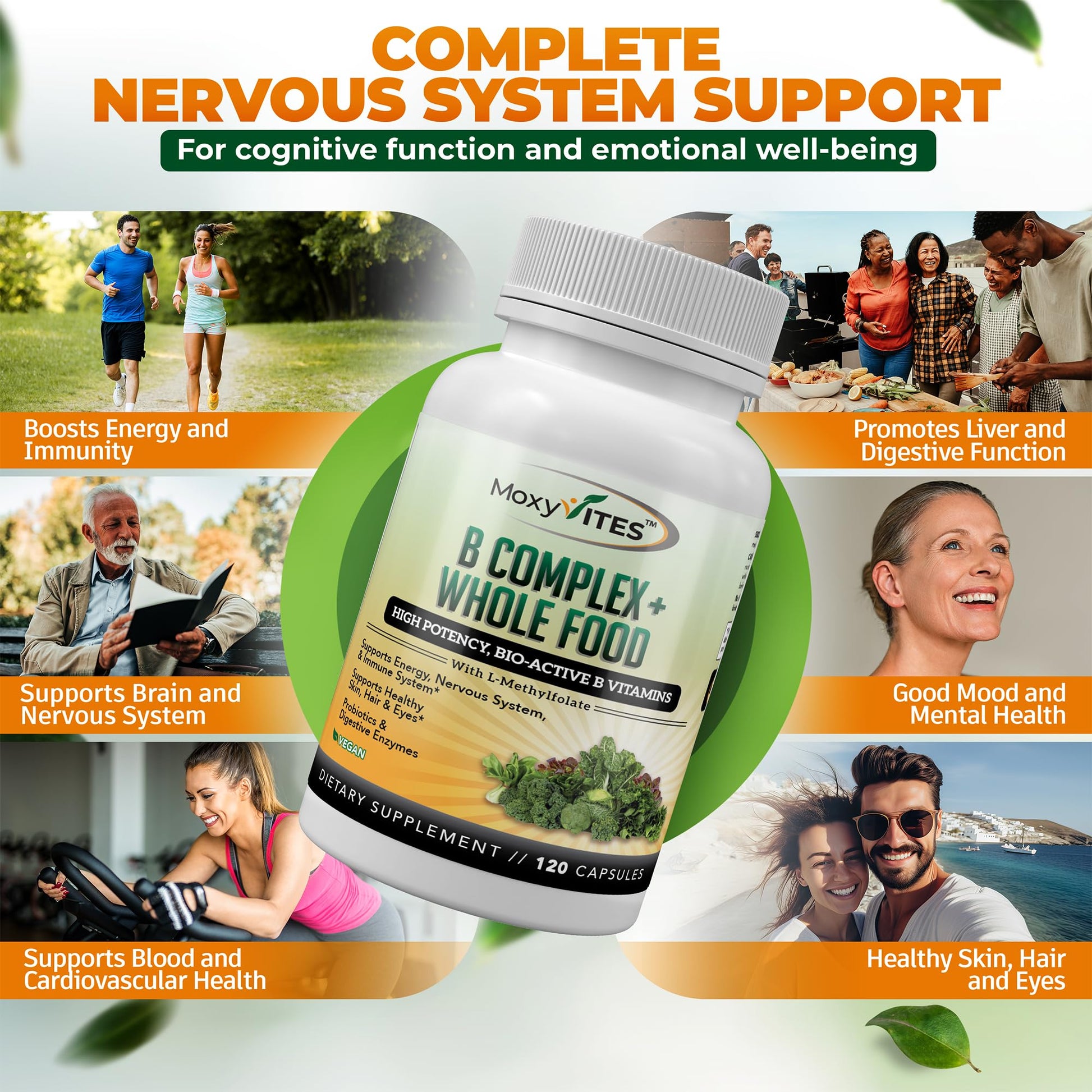 MoxyVites Vitamin B Complex - B Vitamins Whole Food Supplement, B12 Methylcobalamin, B1, B2, B3, B5, B6, B7, B9 - for Stress - Maple Wellness Supplements