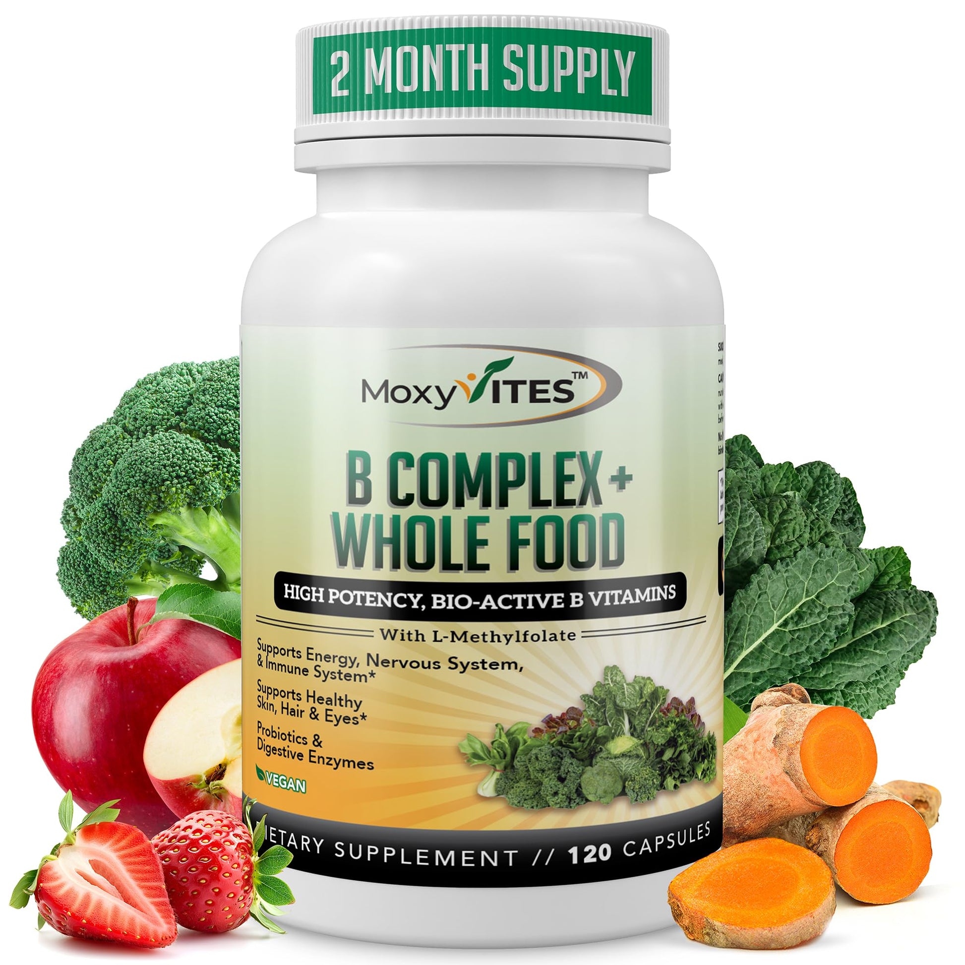 MoxyVites Vitamin B Complex - B Vitamins Whole Food Supplement, B12 Methylcobalamin, B1, B2, B3, B5, B6, B7, B9 - for Stress - Maple Wellness Supplements