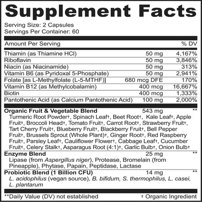 MoxyVites Vitamin B Complex - B Vitamins Whole Food Supplement, B12 Methylcobalamin, B1, B2, B3, B5, B6, B7, B9 - for Stress - Maple Wellness Supplements