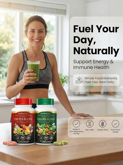 MPRAYAN Fruits and Veggies Capsules - 90 Fruits + 90 Veggies - Whole Food Superfood Supplement - Daily Greens Vitamins & Minerals - Plant Based Nutrition - Vegan Non-GMO - 180 Capsules - Maple Wellness Supplements