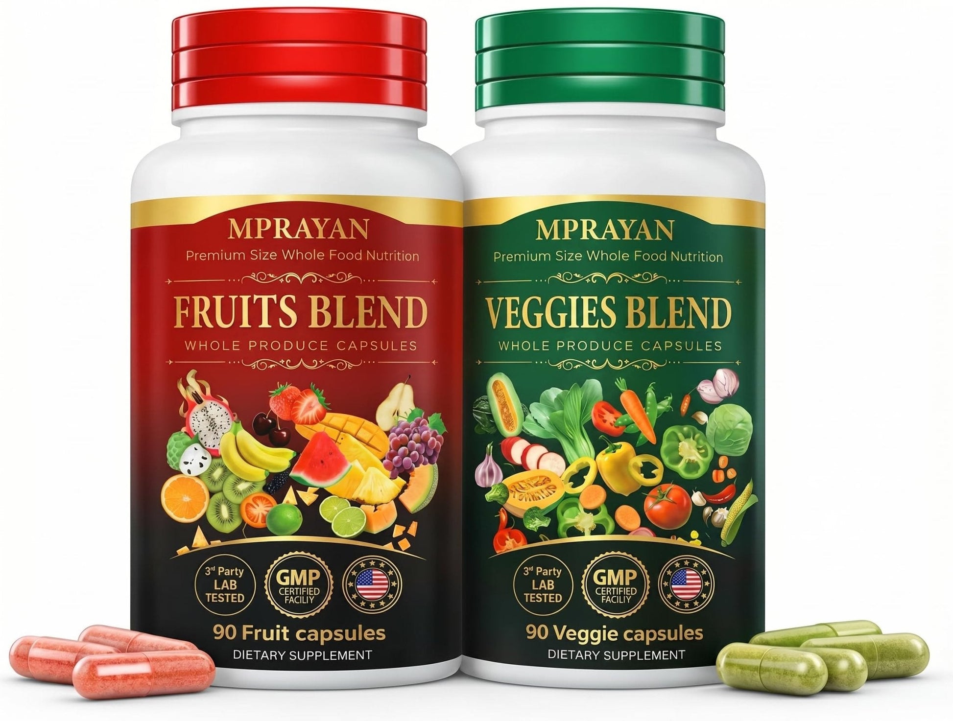 MPRAYAN Fruits and Veggies Capsules - 90 Fruits + 90 Veggies - Whole Food Superfood Supplement - Daily Greens Vitamins & Minerals - Plant Based Nutrition - Vegan Non-GMO - 180 Capsules - Maple Wellness Supplements