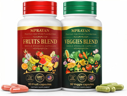 MPRAYAN Fruits and Veggies Capsules - 90 Fruits + 90 Veggies - Whole Food Superfood Supplement - Daily Greens Vitamins & Minerals - Plant Based Nutrition - Vegan Non-GMO - 180 Capsules - Maple Wellness Supplements