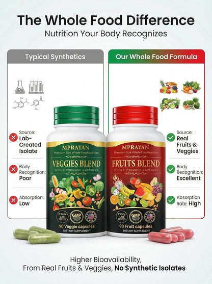 MPRAYAN Fruits and Veggies Capsules - 90 Fruits + 90 Veggies - Whole Food Superfood Supplement - Daily Greens Vitamins & Minerals - Plant Based Nutrition - Vegan Non-GMO - 180 Capsules - Maple Wellness Supplements