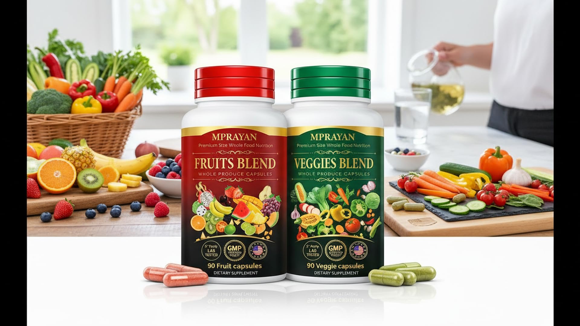 MPRAYAN Fruits and Veggies Capsules - 90 Fruits + 90 Veggies - Whole Food Superfood Supplement - Daily Greens Vitamins & Minerals - Plant Based Nutrition - Vegan Non-GMO - 180 Capsules - Maple Wellness Supplements