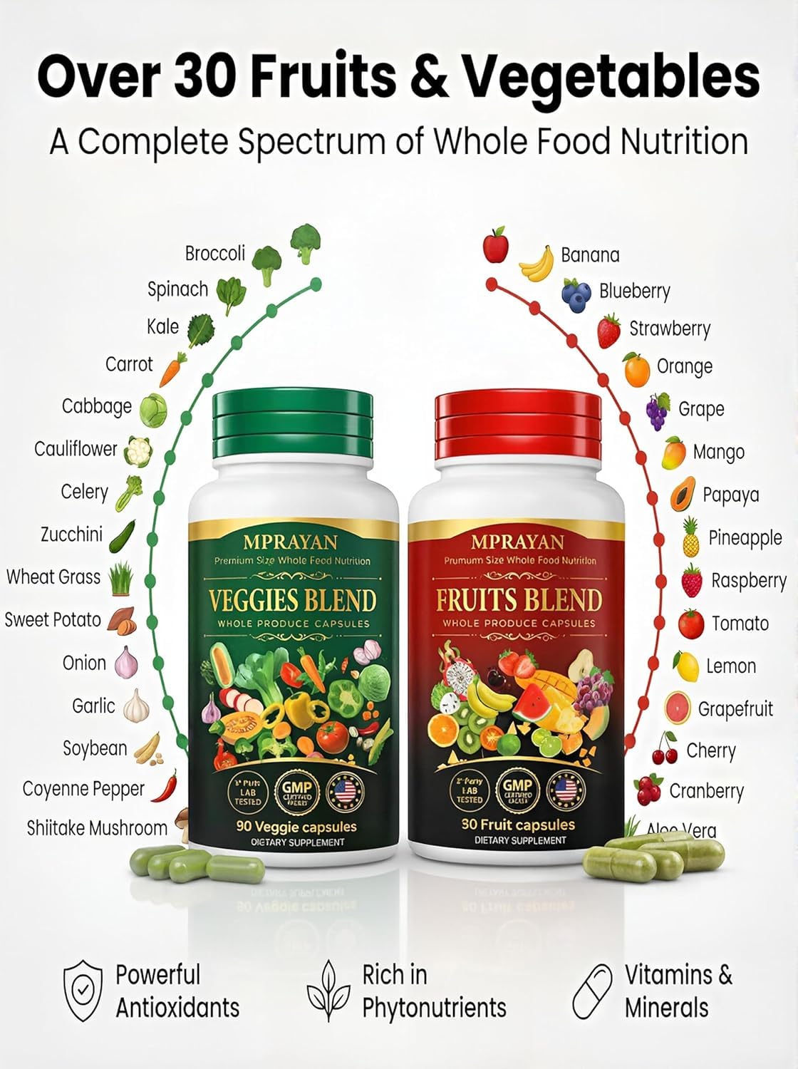 MPRAYAN Fruits and Veggies Capsules - 90 Fruits + 90 Veggies - Whole Food Superfood Supplement - Daily Greens Vitamins & Minerals - Plant Based Nutrition - Vegan Non-GMO - 180 Capsules - Maple Wellness Supplements