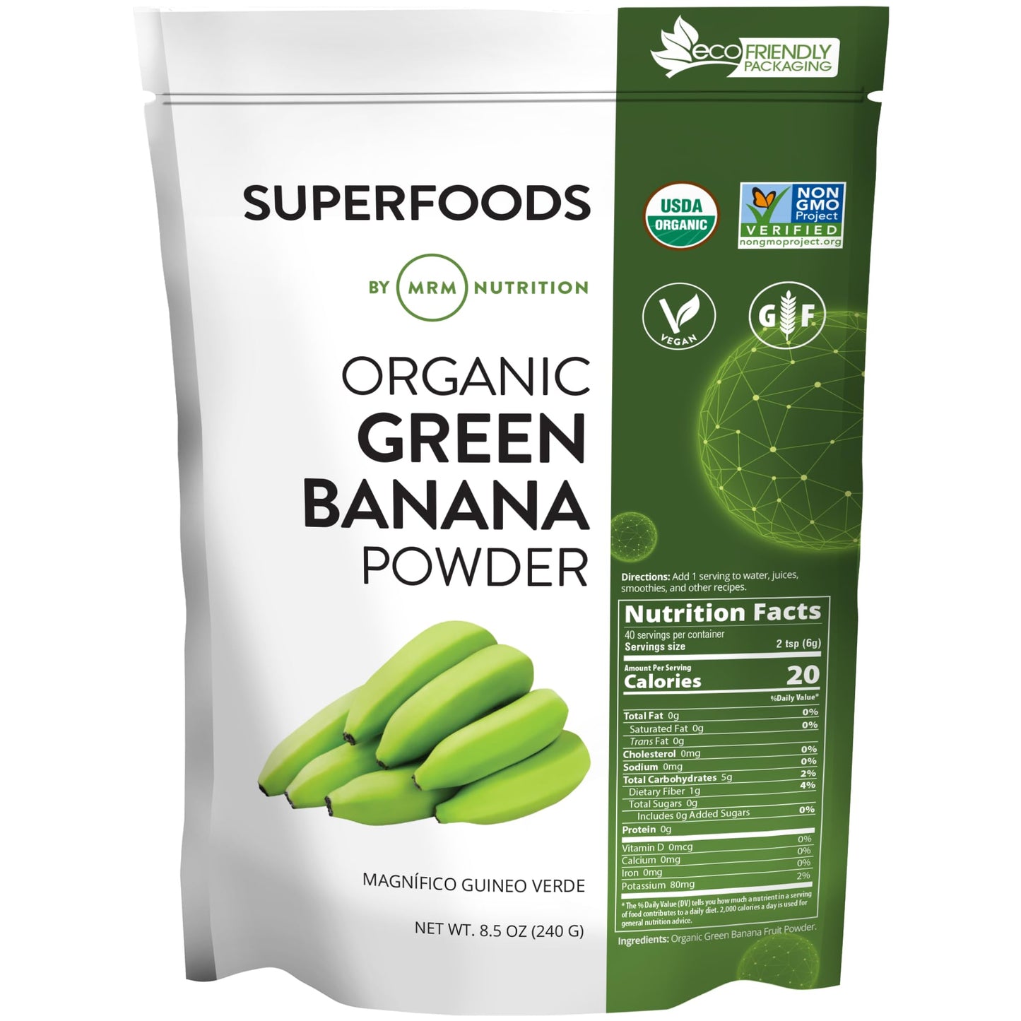 MRM Organic Green Banana Powder Superfood - Prebiotic-Fiber, Digestive Resistant Starch, Flour Alternative for Baking, Cooking and Shakes, Gluten‑Free, Vegan, Non-GMO verified-40 Servings - Maple Wellness Supplements