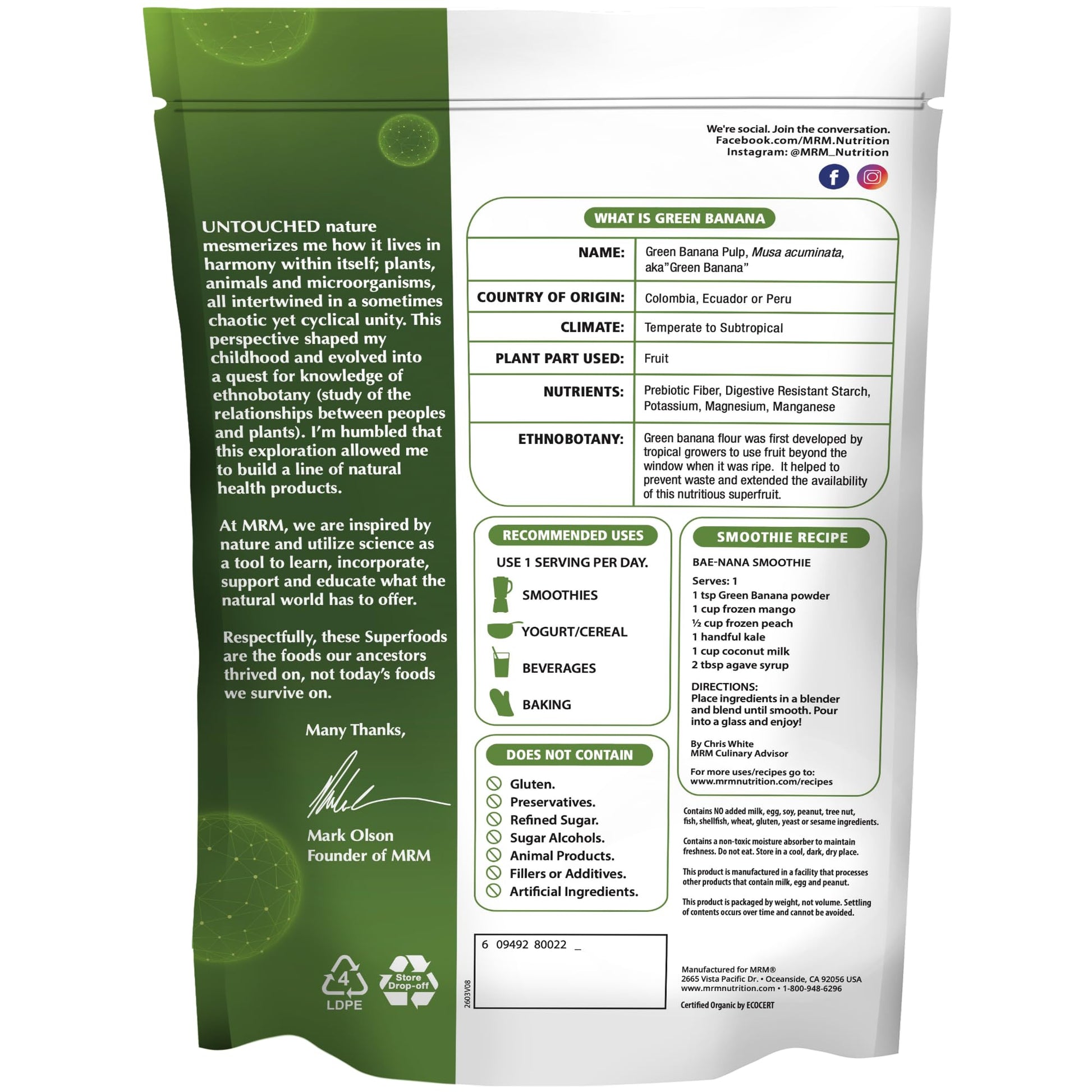 MRM Organic Green Banana Powder Superfood - Prebiotic-Fiber, Digestive Resistant Starch, Flour Alternative for Baking, Cooking and Shakes, Gluten‑Free, Vegan, Non-GMO verified-40 Servings - Maple Wellness Supplements