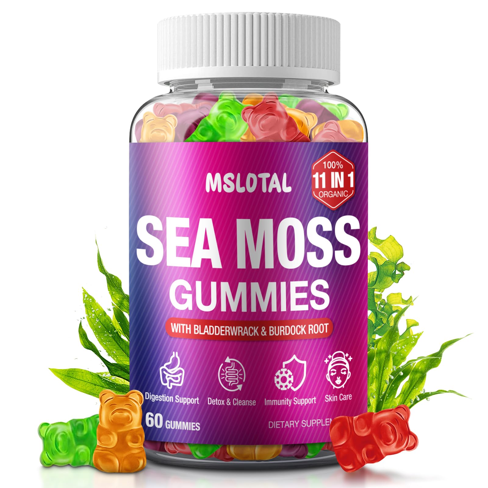 MSLOTAL Irish Sea Moss Gummies with Ashwagandha Bladderwrack and Burdock Root - Natural Irish Seamoss Supplement for Thyroid, Energy, Immune Support - 60 Vegan Gummy - Maple Wellness Supplements