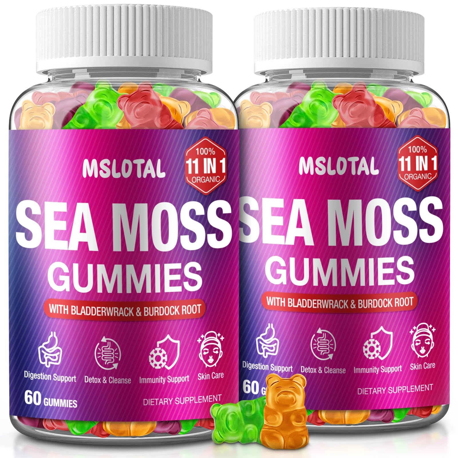 MSLOTAL Irish Sea Moss Gummies with Ashwagandha Bladderwrack and Burdock Root - Natural Irish Seamoss Supplement for Thyroid, Energy, Immune Support - 60 Vegan Gummy - Maple Wellness Supplements