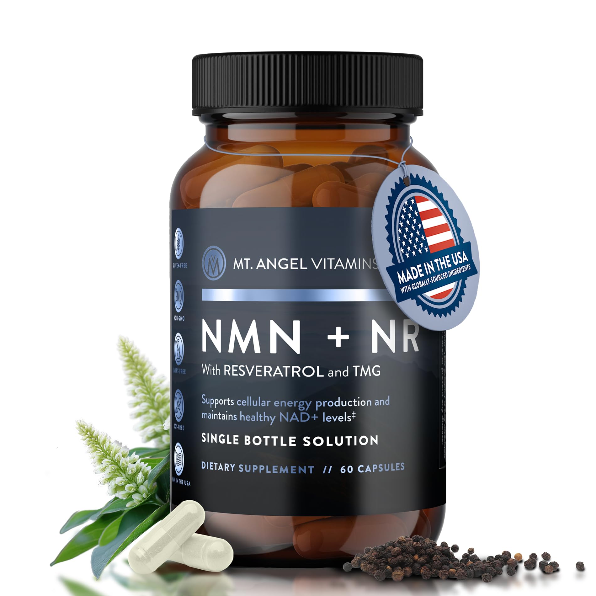 Mt. Angel Vitamins NMN Supplement + NR with Resveratrol & TMG, Dual NAD+ Precursors for Cellular Energy & Healthy Aging, 60 Capsules - Maple Wellness Supplements