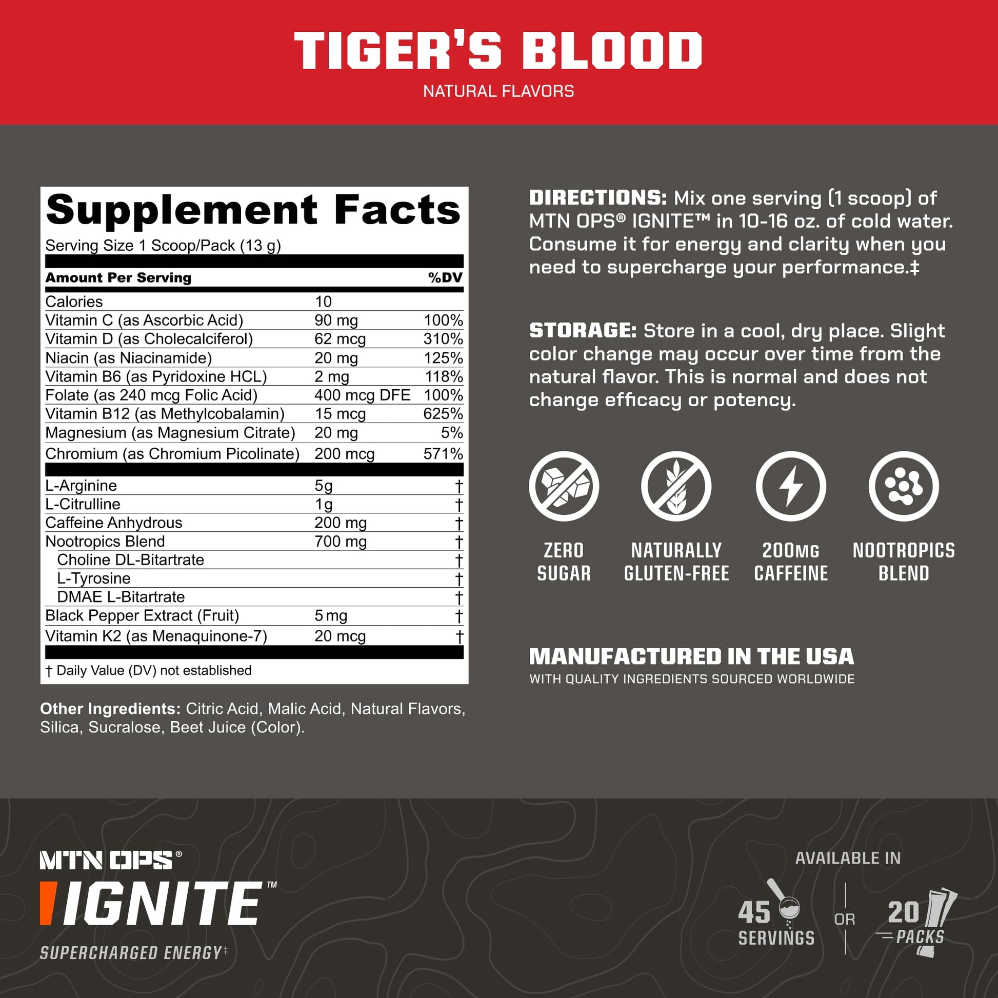 MTN OPS Ignite Trail Packs Energy Drink Powder, Gluten Free Nootropic Supplement Drink Mix, L Arginine, L Citrulline, Caffeine & Nootropic Sugar Free Drink Mix, 20 Servings, Tiger's Blood - Maple Wellness Supplements