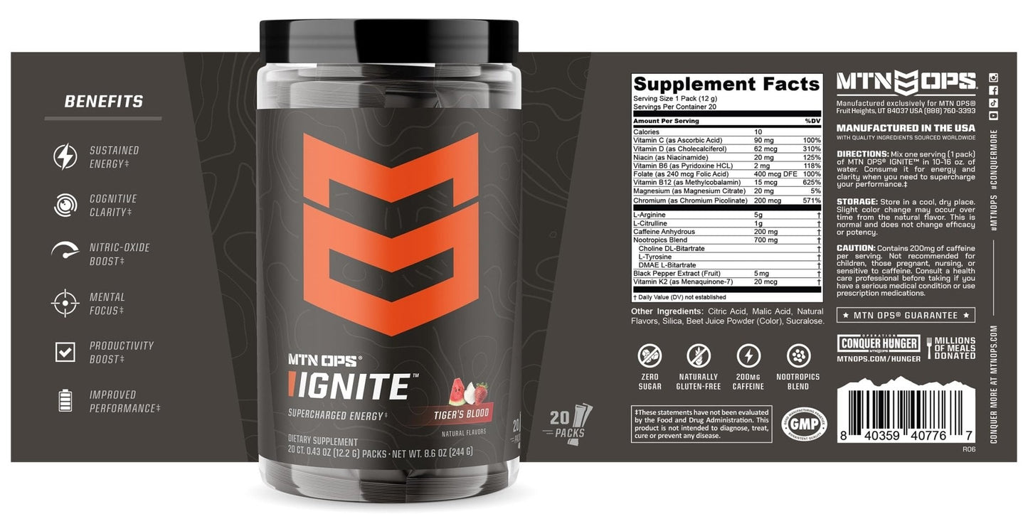 MTN OPS Ignite Trail Packs Energy Drink Powder, Gluten Free Nootropic Supplement Drink Mix, L Arginine, L Citrulline, Caffeine & Nootropic Sugar Free Drink Mix, 20 Servings, Tiger's Blood - Maple Wellness Supplements
