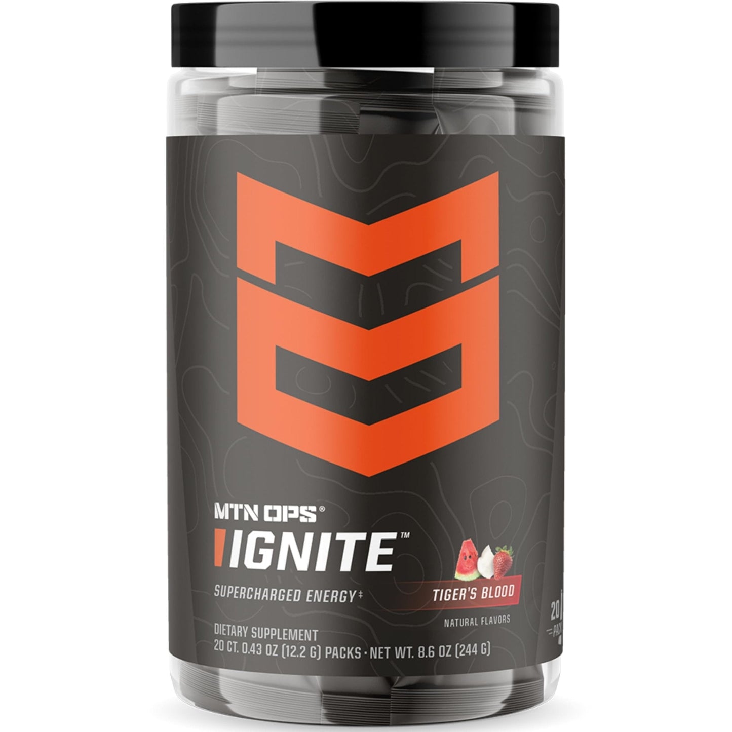 MTN OPS Ignite Trail Packs Energy Drink Powder, Gluten Free Nootropic Supplement Drink Mix, L Arginine, L Citrulline, Caffeine & Nootropic Sugar Free Drink Mix, 20 Servings, Tiger's Blood - Maple Wellness Supplements