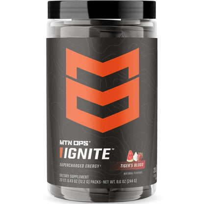 MTN OPS Ignite Trail Packs Energy Drink Powder, Gluten Free Nootropic Supplement Drink Mix, L Arginine, L Citrulline, Caffeine & Nootropic Sugar Free Drink Mix, 20 Servings, Tiger's Blood - Maple Wellness Supplements