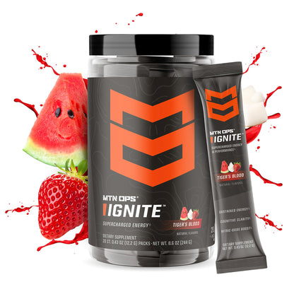 MTN OPS Ignite Trail Packs Energy Drink Powder, Gluten Free Nootropic Supplement Drink Mix, L Arginine, L Citrulline, Caffeine & Nootropic Sugar Free Drink Mix, 20 Servings, Tiger's Blood - Maple Wellness Supplements