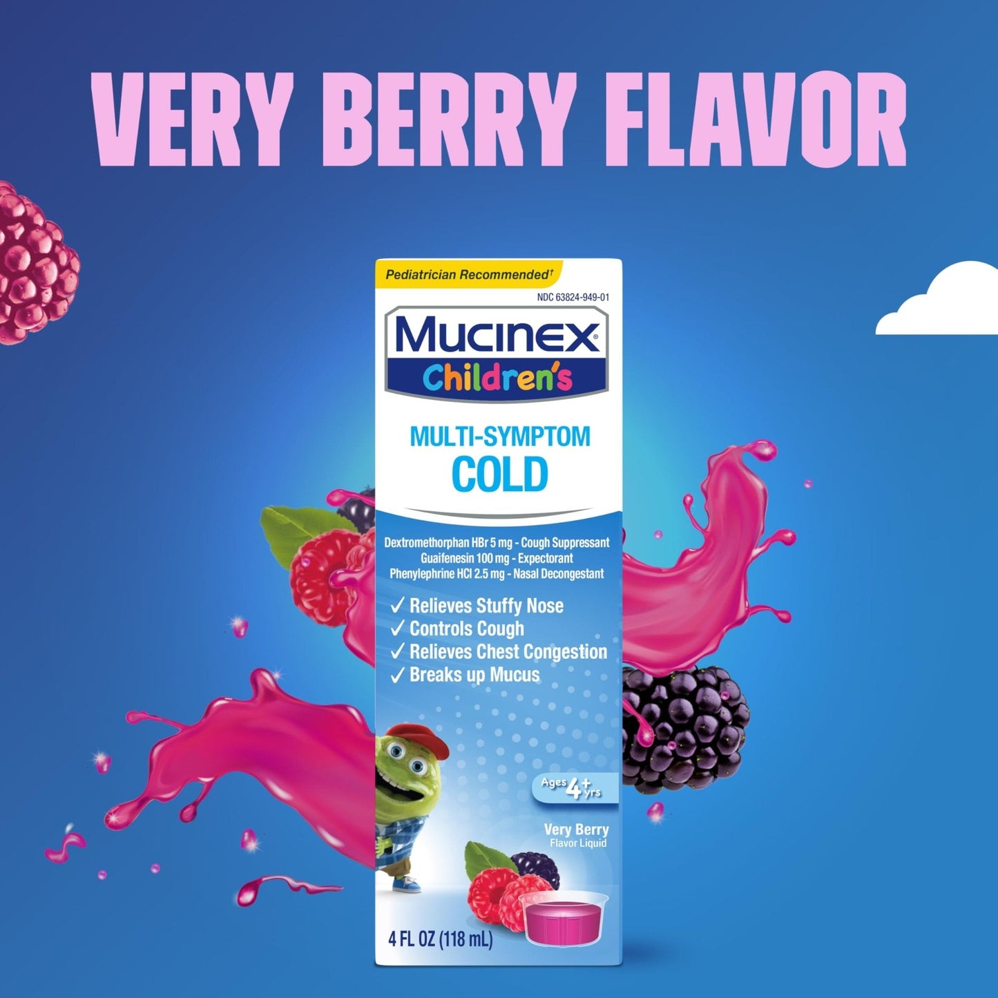 Mucinex Children's Multi-Symptom Cold Medicine, Kids Cough Medicine, Mucinex Kids Medicine/Decongestant with Dextromethorphan HBr, Guaifenesin, Phenylephrine HCl, Very Berry Flavor Liquid, 4 Fl Oz - Maple Wellness Supplements