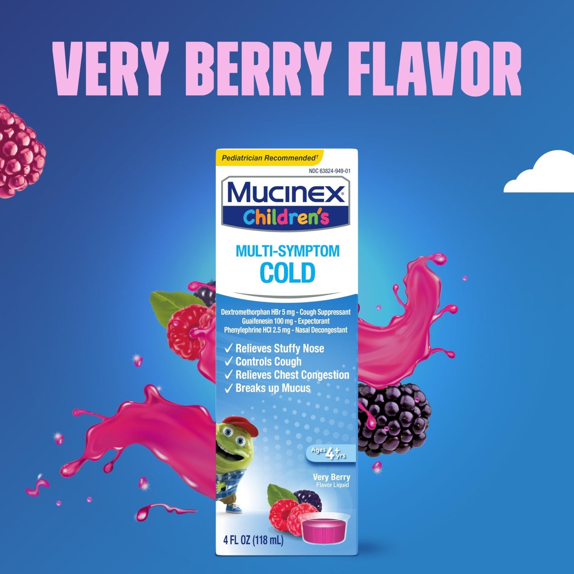 Mucinex Children's Multi-Symptom Cold Medicine, Kids Cough Medicine, Mucinex Kids Medicine/Decongestant with Dextromethorphan HBr, Guaifenesin, Phenylephrine HCl, Very Berry Flavor Liquid, 4 Fl Oz - Maple Wellness Supplements