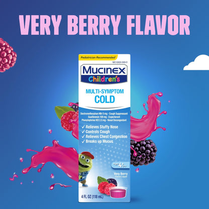 Mucinex Children's Multi-Symptom Cold Medicine, Kids Cough Medicine, Mucinex Kids Medicine/Decongestant with Dextromethorphan HBr, Guaifenesin, Phenylephrine HCl, Very Berry Flavor Liquid, 4 Fl Oz - Maple Wellness Supplements