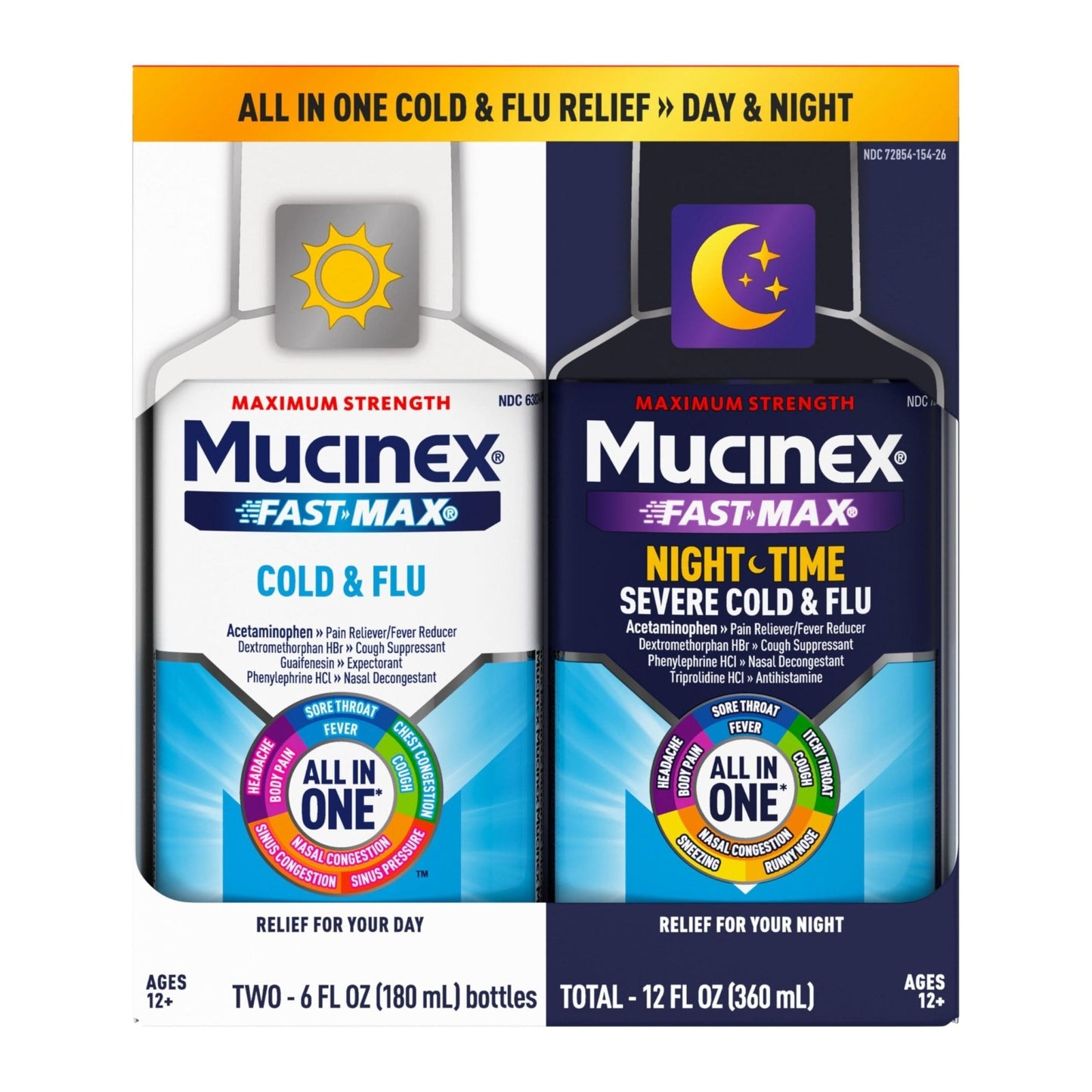 Mucinex Fast-Max Cold and Flu & Nightshift Medicine for Adults, Over-The-Counter Medication Combo Pack for Sore Throat Relief, Decongestant, Cough & Cold Medicine (2 x 6 Fl Oz) - Maple Wellness Supplements